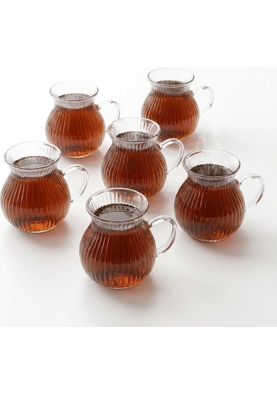 6'lı Kulplu Borosilikat Fitil Desenli Cam Çay Bardağı Seti - Geniş Ağızlı Tombul Tasarım, Isıya Dayanıklı Çay Takımı 180ml çok renkli