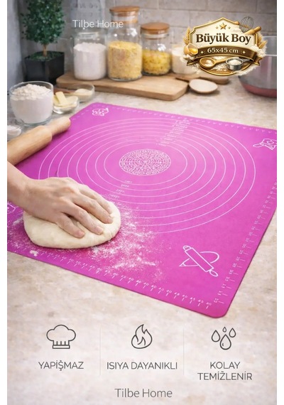 Tilbe Home Silikon Hamur Açma Yoğurma Matı Fırın Altlığı Ölçekli Mat Büyük Boy Lila 65x45cm