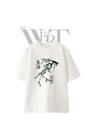 Thewert Sakura Kanji Tasarım Baskılı Ünisex Beyaz Oversize T-shirt