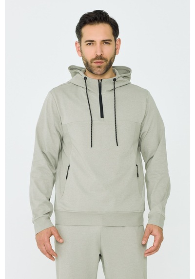 White Stone Açık Yeşil Kapüşonlu Yarım Fermuarlı Yandan Cepli Erkek Sweatshirt Khaık