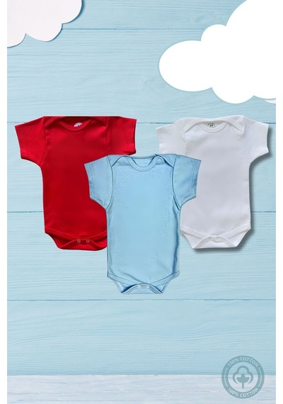 Betül Bebek Kısa Kollu 3'lü Organik Pamuk Çıtçıtlı Bebek Body&zıbın Kırmızı,mavi,beyaz Çok Renkli