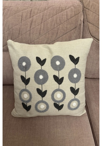 Punch İşlemeli Modern Tasarım Dekoratif 2'li Kırlent Kılıfı Nakışlı Keten 43x43 Cm Gri-beyaz-antrasit
