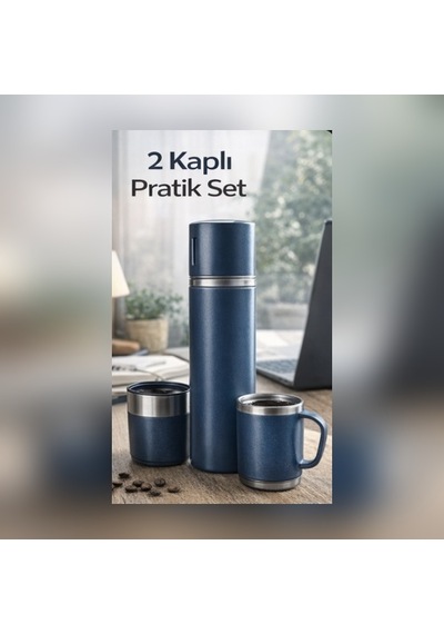 500ml Vakumlu Termos Seti 2 Kaplı 12 Saat Sıcak/soğuk Taşınabilir Bardaklı Termos Set Mavi