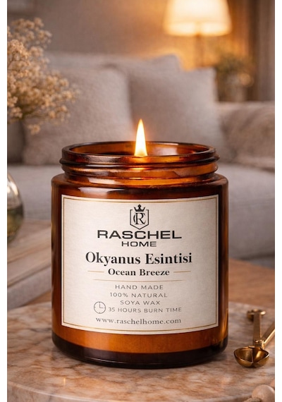 Raschel Home %100 Doğal Dekoratif Premium Extra Yoğun Esans Kokulu 210 Cc Kavanoz Mum 35 Saat Yanma Okyanus Esintisi