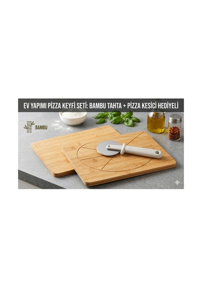 Bambu Sunum Ve Pizza Dilimleme Tahtası + Orijinal Pizza Hamur Kesici Seti Bej Bej