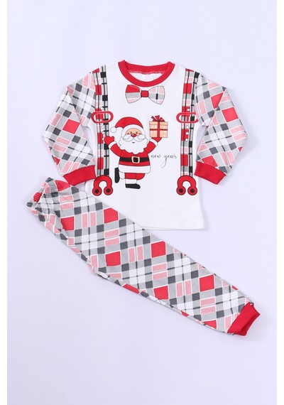 Çocuk Yılbaşı Pijama Takımı Noel Baba Baskılı Ribanalı D8 Kırmızı