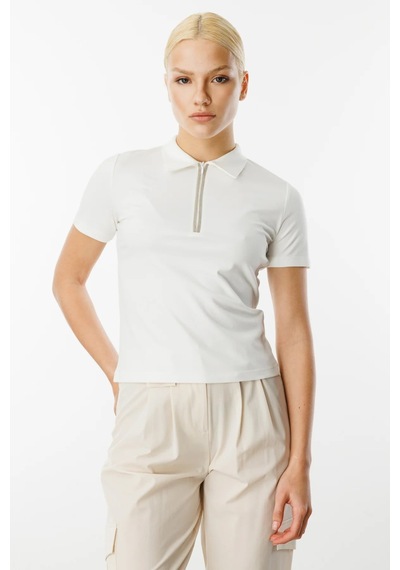 On Fashion Bluz Polo Yaka Yakası Taşlı Ve Fermuarlı Kısa Kol Ekru