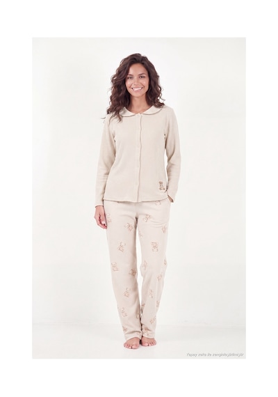 Lela Ayıcık Desenli Lastikli Bel Uzun Kollu Yumuşak Dokulu Pijama Takımı Kadın Pijama Takımı 6575023 Krem