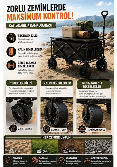 Ers- Katlanabilir Kamp Arabası Üst Tablalı 130 Kg Taşıma Kapasiteli Geniş Tekerlekli Çekçek