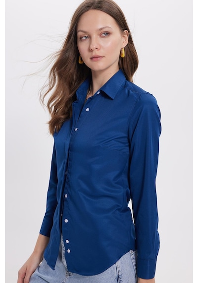Tudors Kadın Slim Fit Dar Kesim Vucüda Oturan Uzun Kollu Gizli Düğme Detaylı Lacivert Basic Gömlek-36981 Lacıvert
