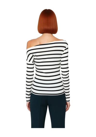 Ersefa Moda Kayık Yaka Örme Slim Çizgili Desen Casual Günlük Regular Uzu siyah
