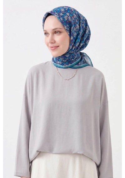 Silk Home Mini Floral Desen Soft Pamuk Eşarp Koyu Mavi