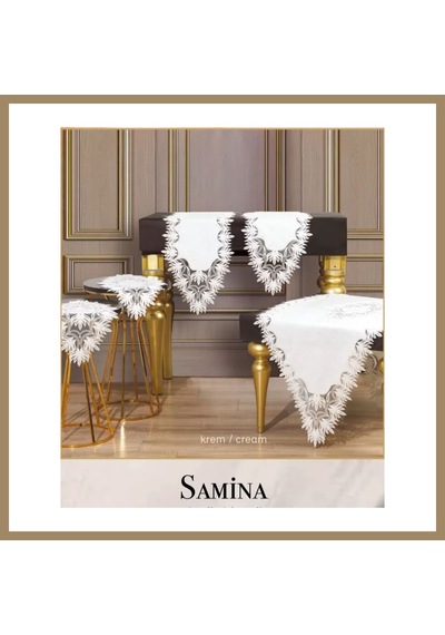 Kahveci.store Salon Takımı Çeyizlik Samina Model Krem Keten Dantelli Masa Örtüsü Runner Seti 5 Parça 22