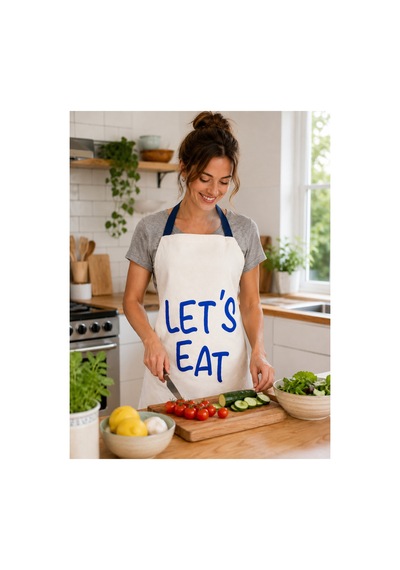 Mutfak Önlüğü 70x65 Cm Bağlamalı Baskılı Krem Renk Yemek Pişirme Önlüğü Lets Eat