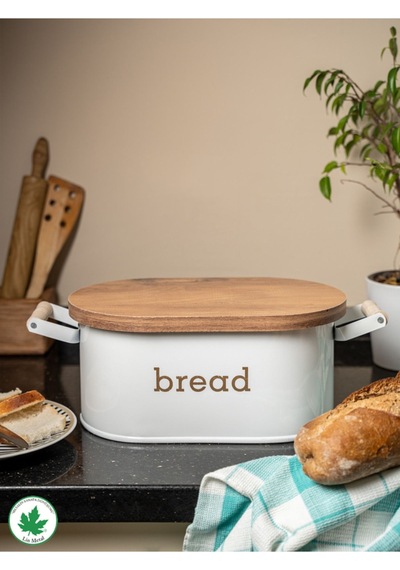 Ahşap Kapaklı Ahşap Kulplu Metal Ekmeklik Bread Baskılı - Beyaz Beyaz