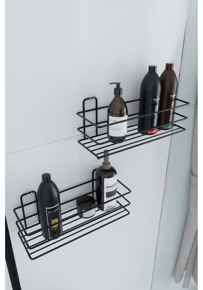 Paslanmaz Yapışkanlı 2 Li Set Banyo Rafı Duş Şampuanlık Duvar Düzenleyici Organizer Banyo Seti Siyah