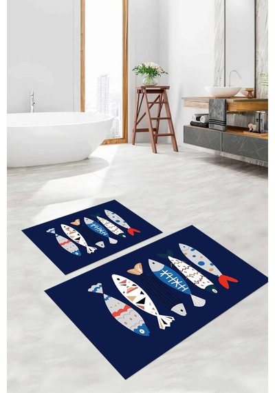 Buççin Online Mağaza Dijital Baskılı Yıkanabilir Renkli Balık Desenli Banyo Paspası Klozet Takımı Polyester Lacivert Çok Renkli