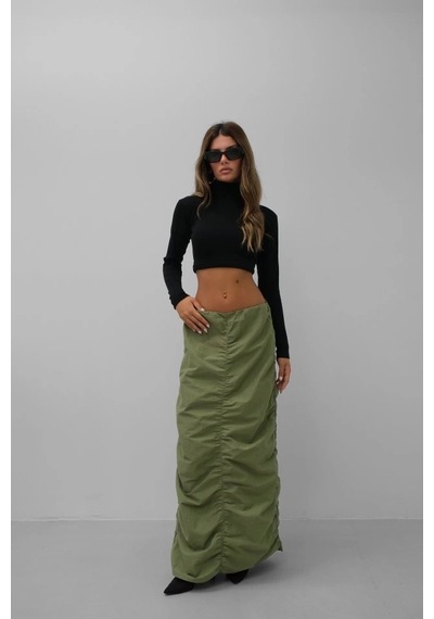 Defymoda Büzgü Detay Maxi Etek Haki