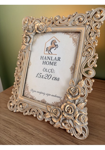 Antik Gümüş Eskitme Gül Detaylı Vintage Çerçeve - 15x20 Cm