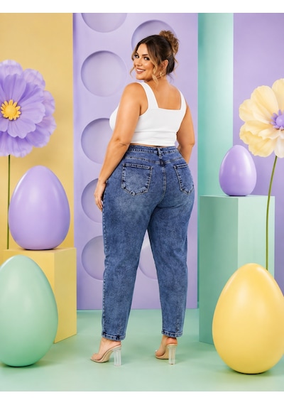 Battal Mom Kesim Yan Şerit Detaylı Denim Kadın Pantolon Lacivert