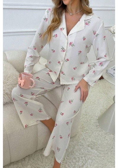 Bella Notte Kadın Ekru Çiçek Baskılı Kışlık Uzun Pijama Takımı