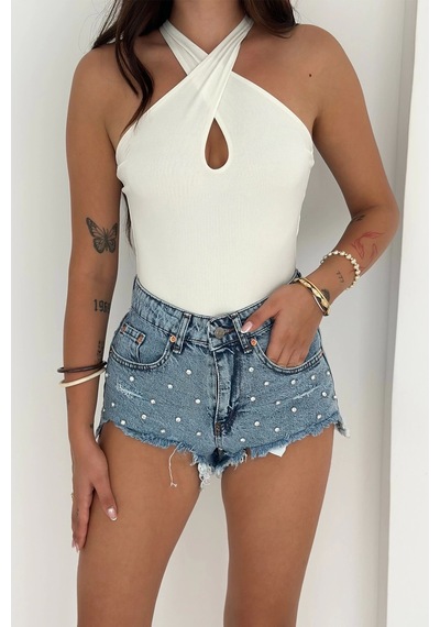 Taş Detaylı Denim Şort Mavi