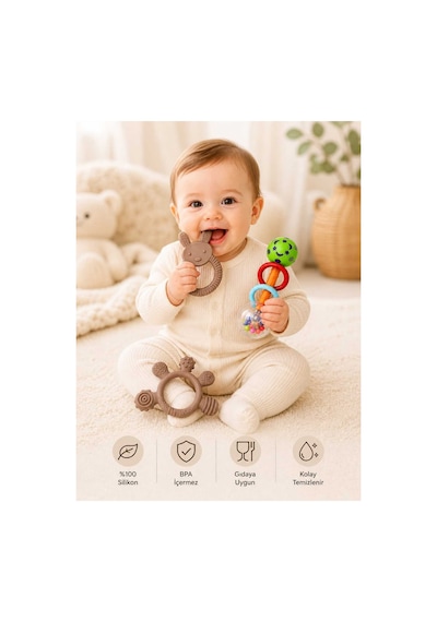 3lü Çıngıraklı Diş Kaşıyıcı Set Kahverengi