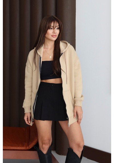 Balenbi Kadın 3 İplik İçi Polarlı Kapüşonlu 75cm Oversize Sweat Hırka 1129 Bej