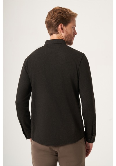 İmza Kahverengi Düğmeli Yaka Dokulu Örme Slim Fit Esnek Gömlek 1004265171