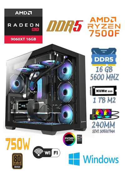Apphirex Prime 95X R5-7500F 16 GB 1 TB SSD 16 GB RTX5060  W11P Masaüstü Oyuncu Bilgisayarı