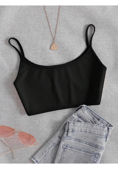 Liona Bisiklet Yaka Askılı Siyah Renk Fitilli Crop Top Büstiyer Siyah