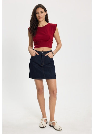 Tudors Kadın Slim Fit %100 Pamuk Pileli Yumuşak Doku Bordo Bisiklet Yaka Crop Bluz-50395