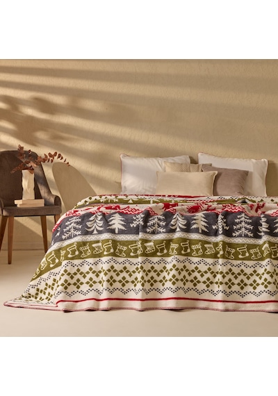 Soft Nordic Pamuklu Çift Kişilik Battaniye - Kırmızı / Yeşil - 200x220 Cm Çok Renkli