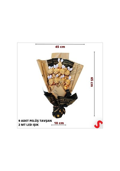 9 Kahve Pelüş Tavşanlı Led Işıklı Buket, 65cm x 45cm