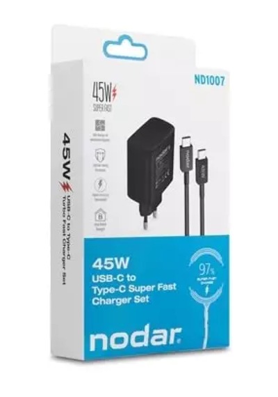 Nodar Nd1007 Usb - Type-c Şarj Seti 45w - Siyah Başlık + Type-C Kablo