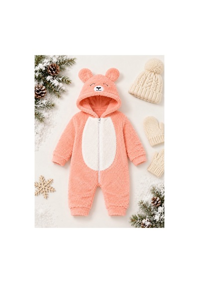 Kız Erkek Bebek Welsoft Peluş Tulum Kapüşonlu Fermuarlı Kışlık Bebek Tulumu Ayıcık Desenli Yumuşak Polar Tulum Somon