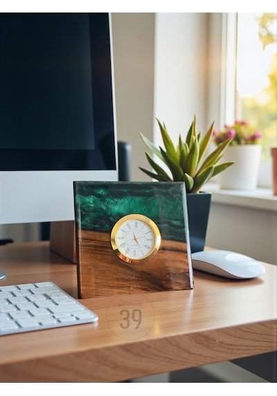 Classic Ceviz & Epoksi Masa Saati Altın Kaplama Quartz Mekanizma El Yapımı Tasarım 15x15 Cm / 20x20 Cm Çok Renkli