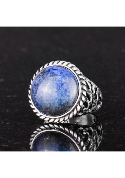 Gerçek Doğal Taş Yüzük - 925 Ayar Katı Gümüş Erkek Yüzüğü Lapis Lazuli İle Gümüş
