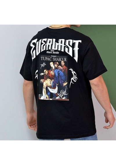 Flood Of Style Erkek Siyah Evelast Baskılı Oversize Bisiklet Yaka Tshirt