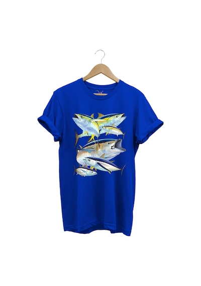 Balık Desenli Gümüş Balığı Baskılı %100 Pamuk Regular Fit Bisiklet Yaka Mavi T-shirt Mavi