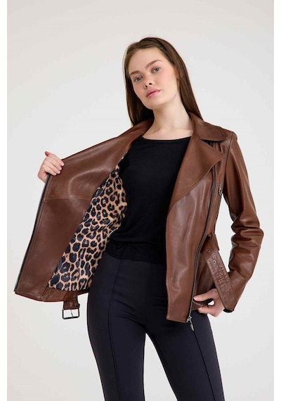 Regular Biker Bayan Deri Ceket Vb-7 Bk-1653 - 20303 Kahverengi