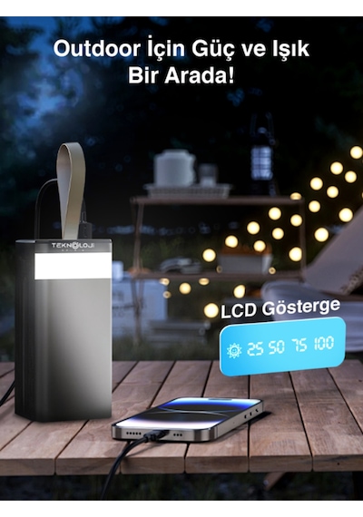 50.000 Mah Powerbank Güneş Enerjili Solar Hızlı Şarj Göstergeli Kablolu Taşınabilir Batarya 22.5w Siyah