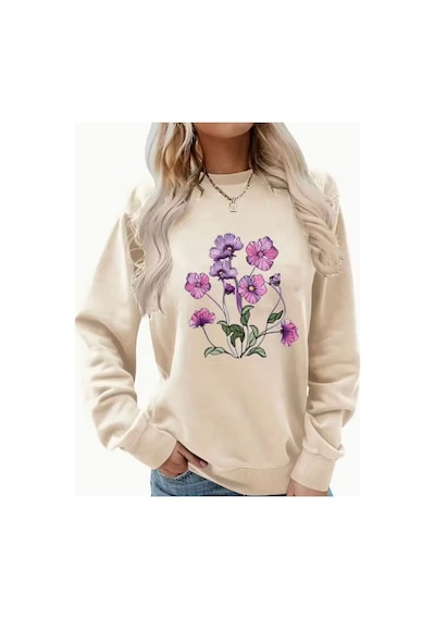 Herkesemoda Mor Çiçek Demeti Baskı Detaylı Bisiklet Yaka İçi Polarlı Sweatshirt Bej