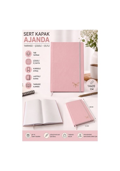 Kaliteli Tarihsiz Ajanda Not Defteri A5 14x20cm 1 Adet Lizz Ofs180l Çizgili Lastili Sert Kapak 168 Yaprak Ciltli Pembe
