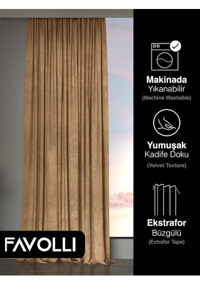 Br Favolli Kadife Dokulu Kaju Rengi Ada Fon Perde Ekstrafor Büzgülü Dream Series Kaju