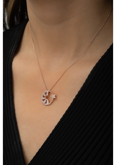 Baget Taşlı Ay Yıldız Bayrak Kolye Rose Gold Kaplama 925 Ayar Gümüş Uvps100488