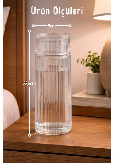 El Yapımı Cam, Pure Modelli Başucu Sürahisi -730ml. Bardaklı Sürahi