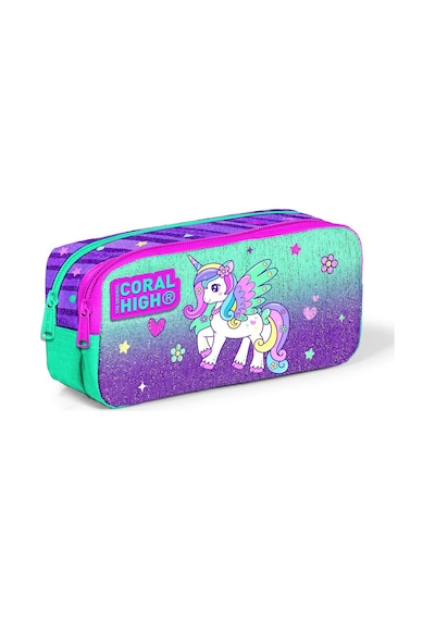 Coral High Kids Mor Su Yeşili Unicorn Desenli İki Bölmeli Kalem Çantası 12059