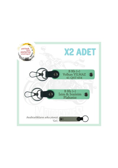 Efsane Motorculara Özel İsim Plaka Ve B Rh + Kan Grubu Yazılı Hediye X2 Set Anahtarlık, Yeşil-gr
