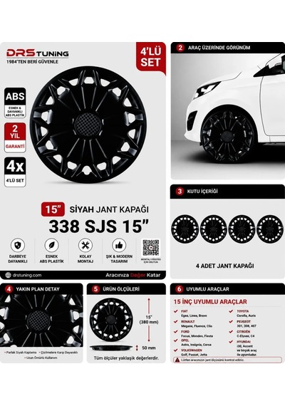 Volkswagen Uyumlu 15 Inç Kırılmaz Parlak Siyah Jant Kapağı 1 Takım 4 Adet No:338